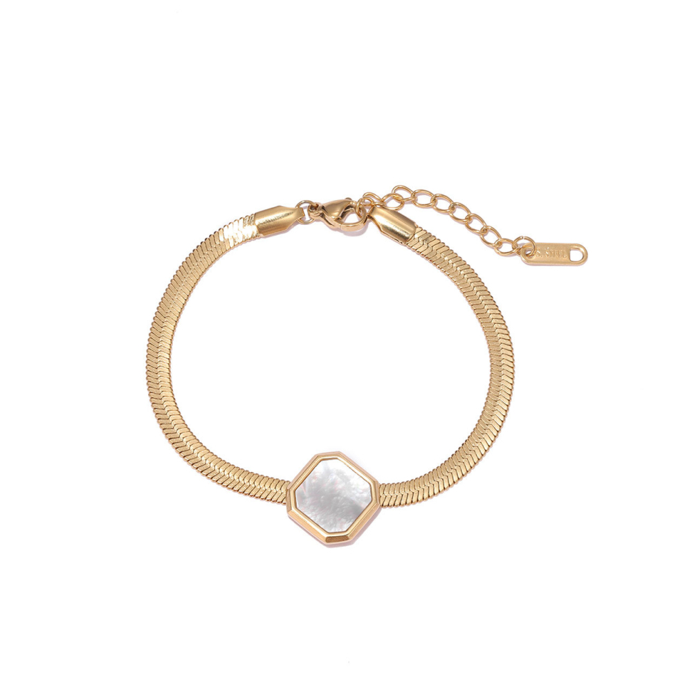 Hexagon Shell Pearl Snake Chain Bracelet in PVD Stainless Steel 14K Gold