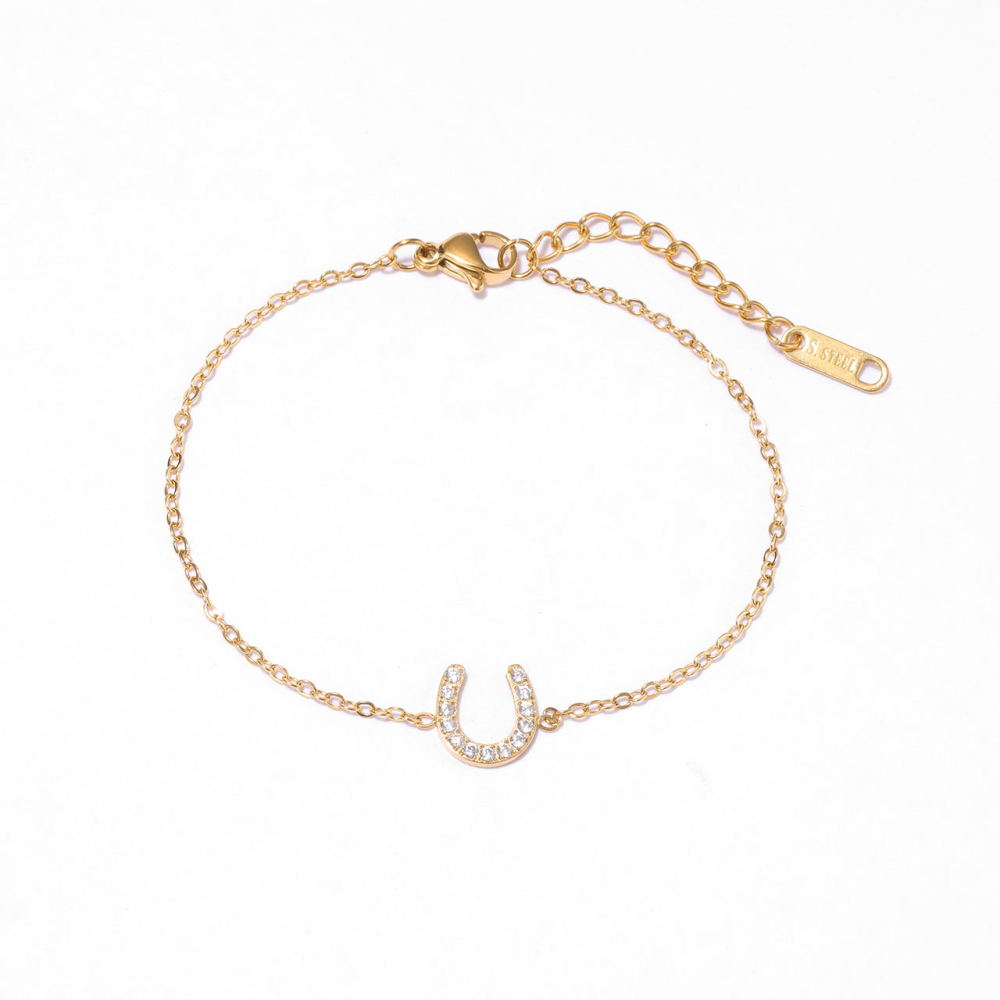 Pave CZ Horseshoe Charm Bracelet in PVD Stainless Steel 14K Gold
