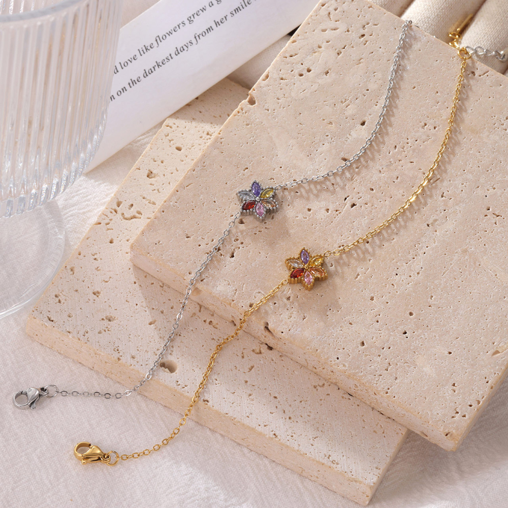 Marquise CZ Flower Charm Bracelet in PVD Stainless Steel 14K Gold