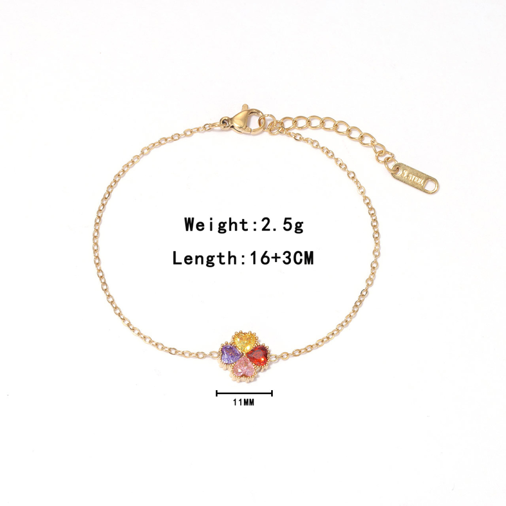 Heart CZ Four-Leaf Charm Bracelet in PVD Stainless Steel 14k Gold