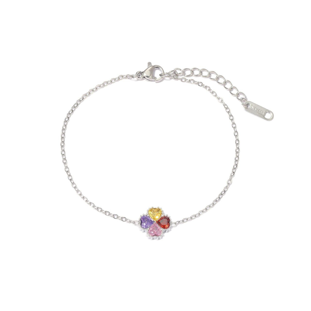 Heart CZ Four-Leaf Charm Bracelet in PVD Stainless Steel 14k Gold