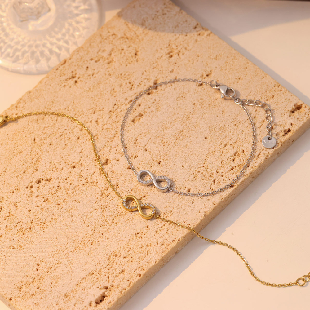 Pave CZ Infinity Charm Bracelet in PVD Stainless Steel 14K Gold