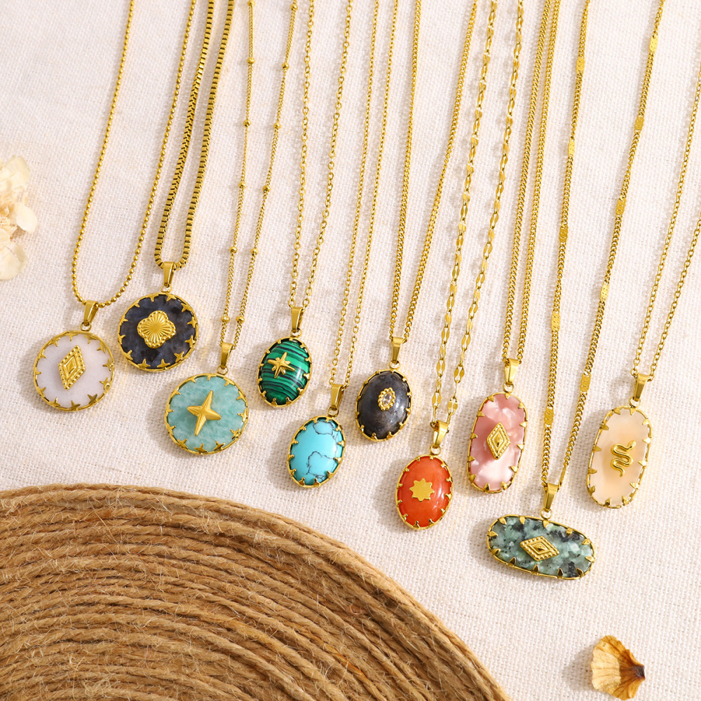 Natural Stone Bezel Set Pendant Charm In 18K PVD-Gold Stainless Steel