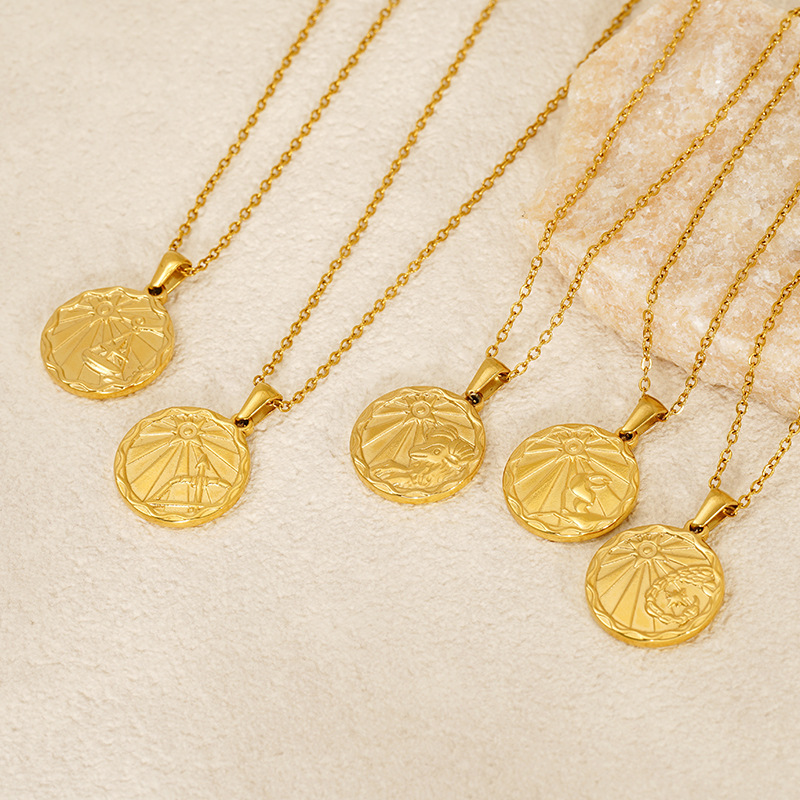 Waterproof Zodiac Sign Medallion Necklace In PVD-coating Stainless Steel