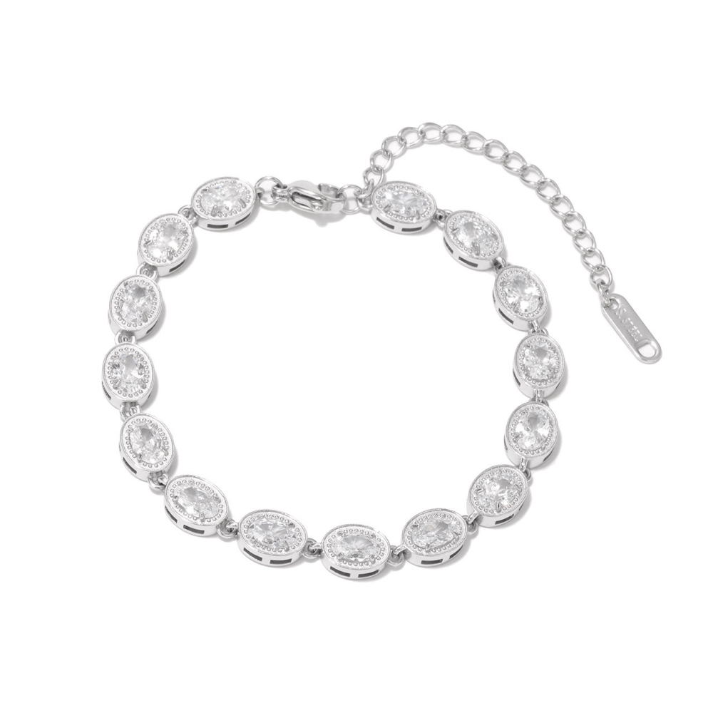 Milgrain Edge Oval CZ Tennis Bracelet in PVD Stainless Steel with 14K Gold