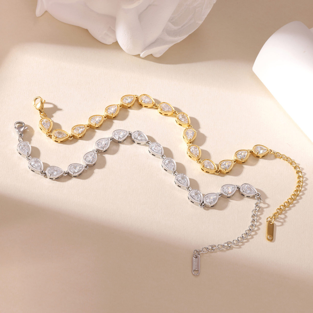Milgrain Edge Pear-Cut CZ Tennis Bracelet in PVD Stainless Steel with 14K Gold