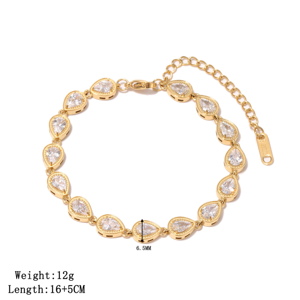 Milgrain Edge Pear-Cut CZ Tennis Bracelet in PVD Stainless Steel with 14K Gold
