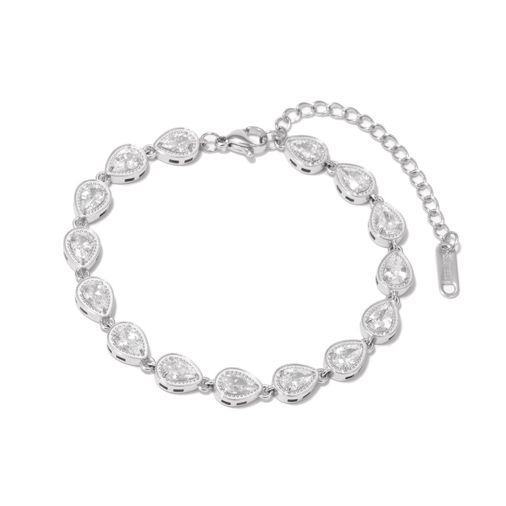 Milgrain Edge Pear-Cut CZ Tennis Bracelet in PVD Stainless Steel with 14K Gold