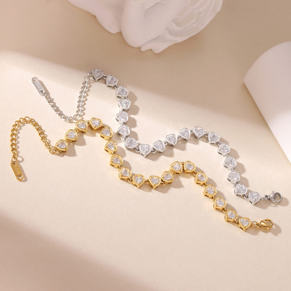 Heart-Cut CZ Tennis Bracelet in PVD Stainless Steel with 14K Gold