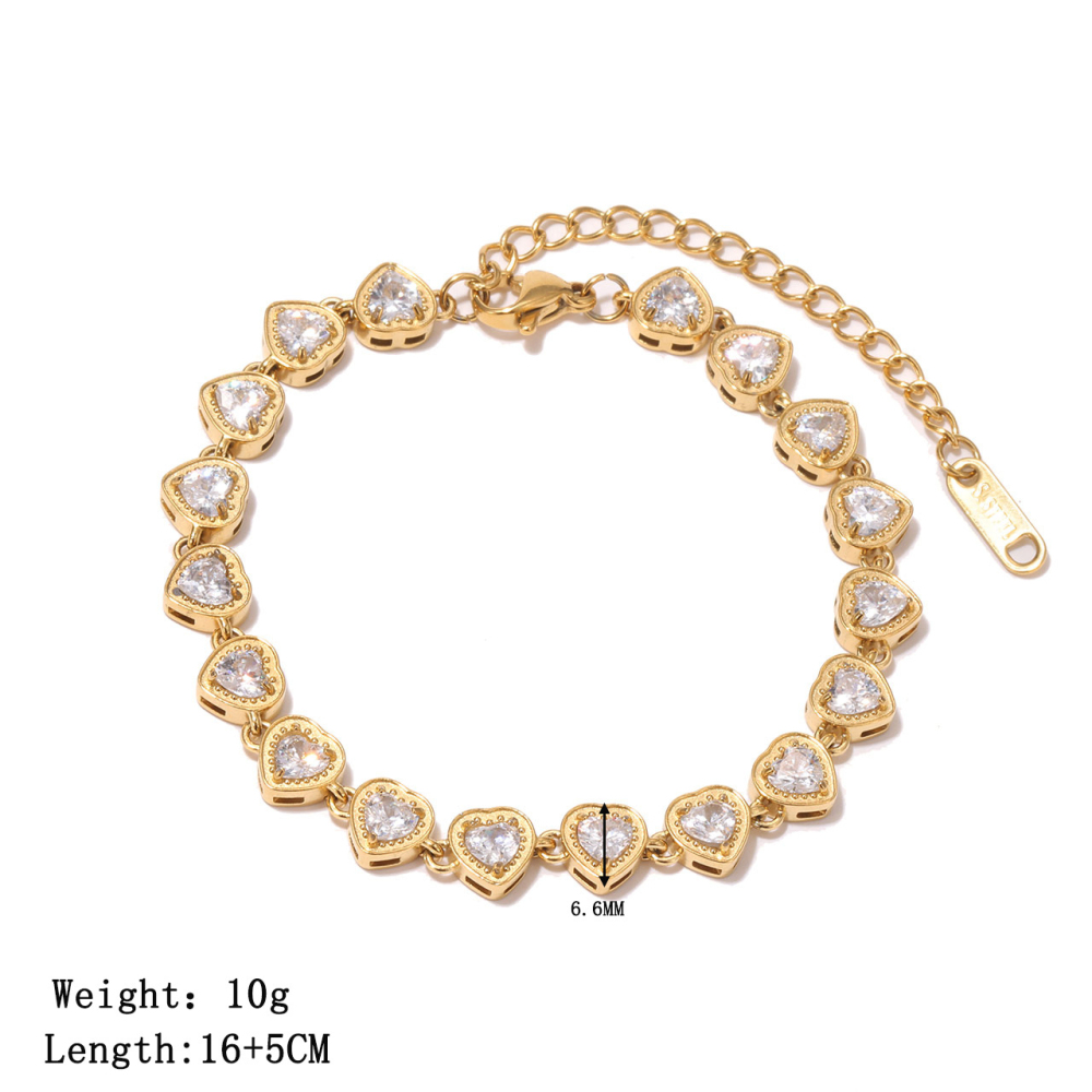 Heart-Cut CZ Tennis Bracelet in PVD Stainless Steel with 14K Gold