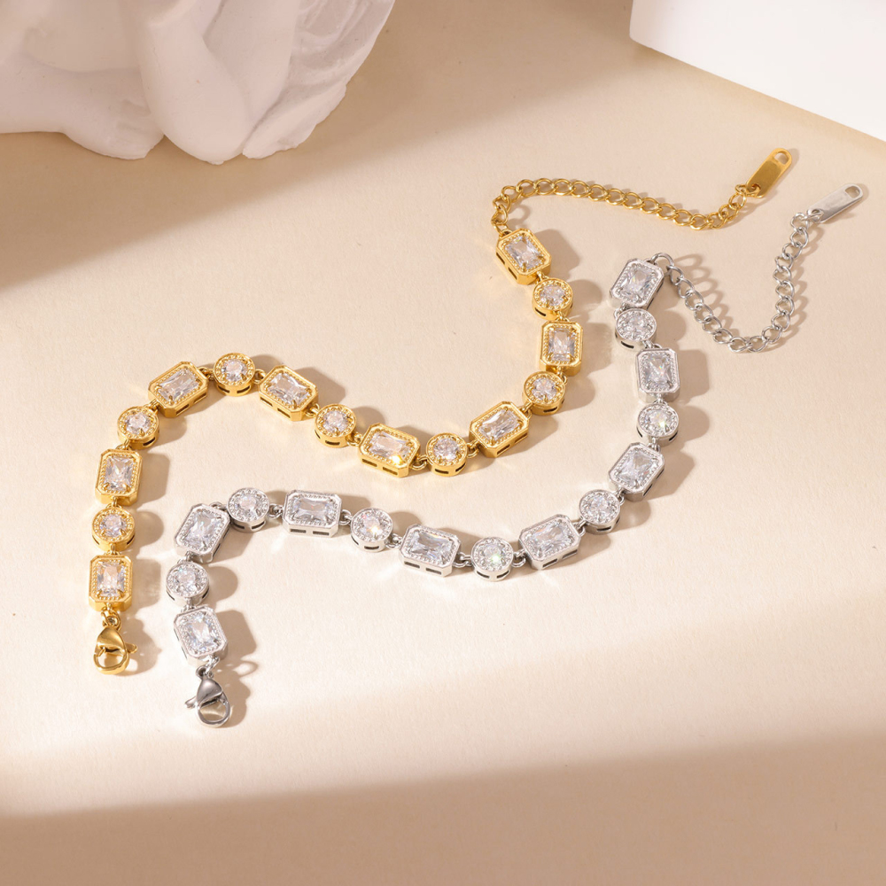 Alternating Emerald and Round Milgrain CZ Bracelet in PVD Stainless Steel 14K Gold