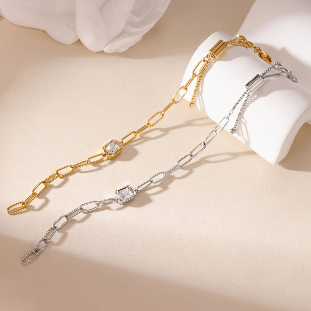 Paperclip Slider Bracelet with Emerald-Cut CZ in PVD Stainless Steel 14K Gold