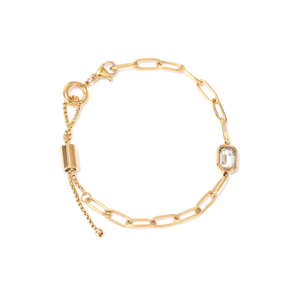 Paperclip Slider Bracelet with Emerald-Cut CZ in PVD Stainless Steel 14K Gold