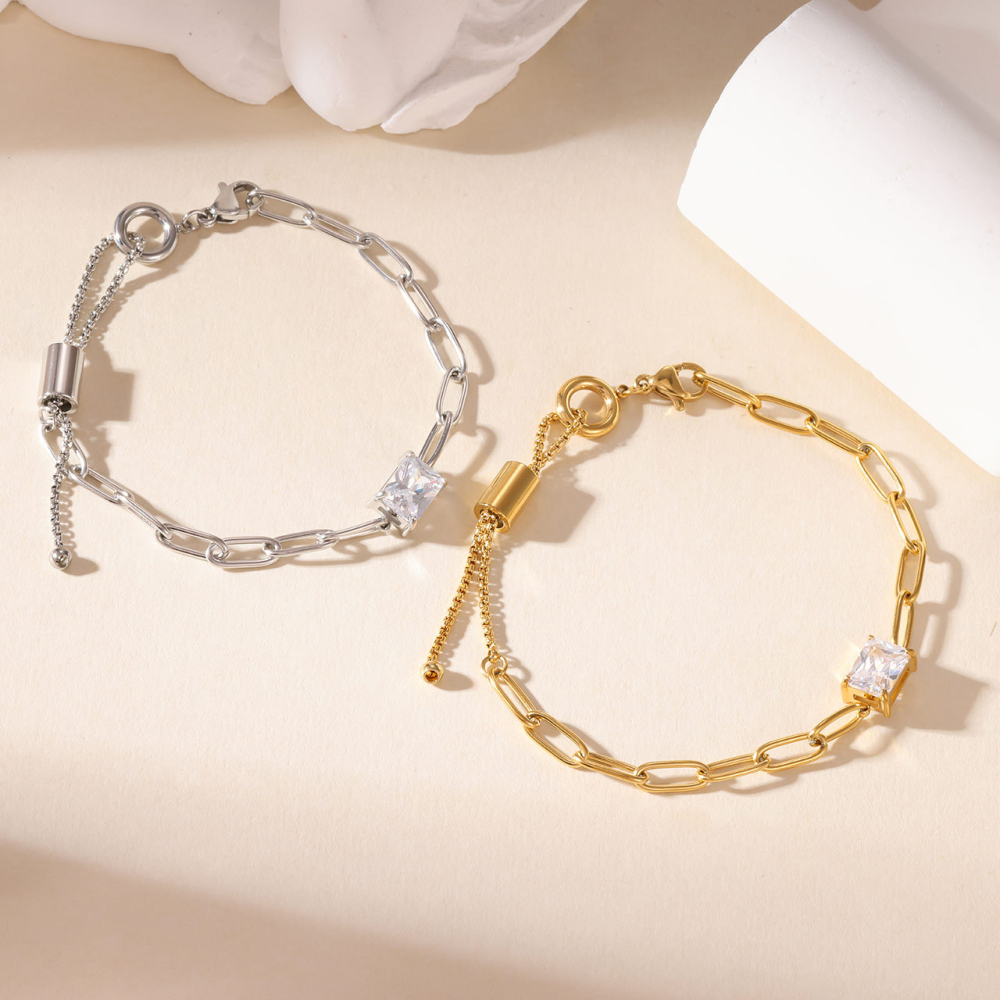 Paperclip Slider Bracelet with Prong-Set Square CZ in PVD Stainless Steel 14K Gold