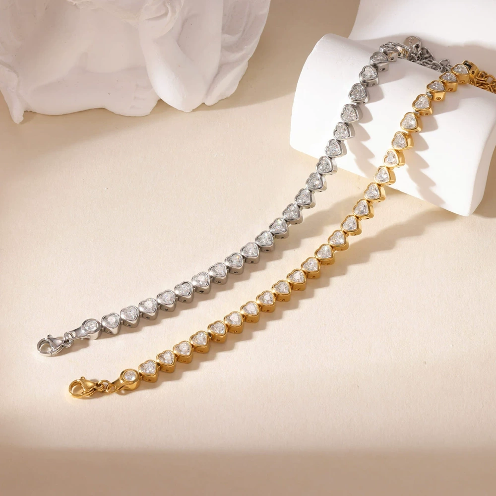 Bezel-Set Heart CZ Tennis Bracelet in PVD Stainless Steel 14K Gold