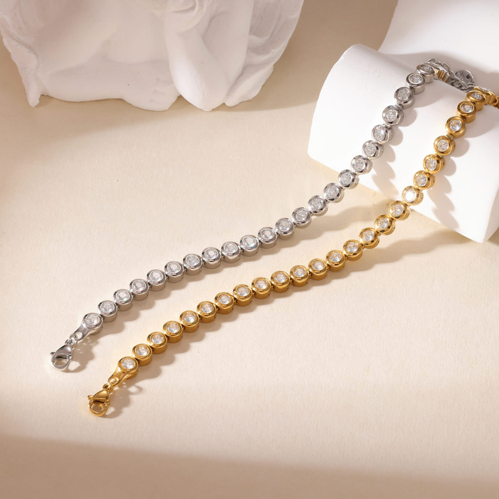 Round CZ Tennis Bracelet in PVD Stainless Steel 14K Gold