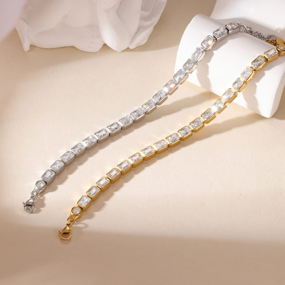 Emerald-Cut CZ Tennis Bracelet in PVD Stainless Steel 14K Gold