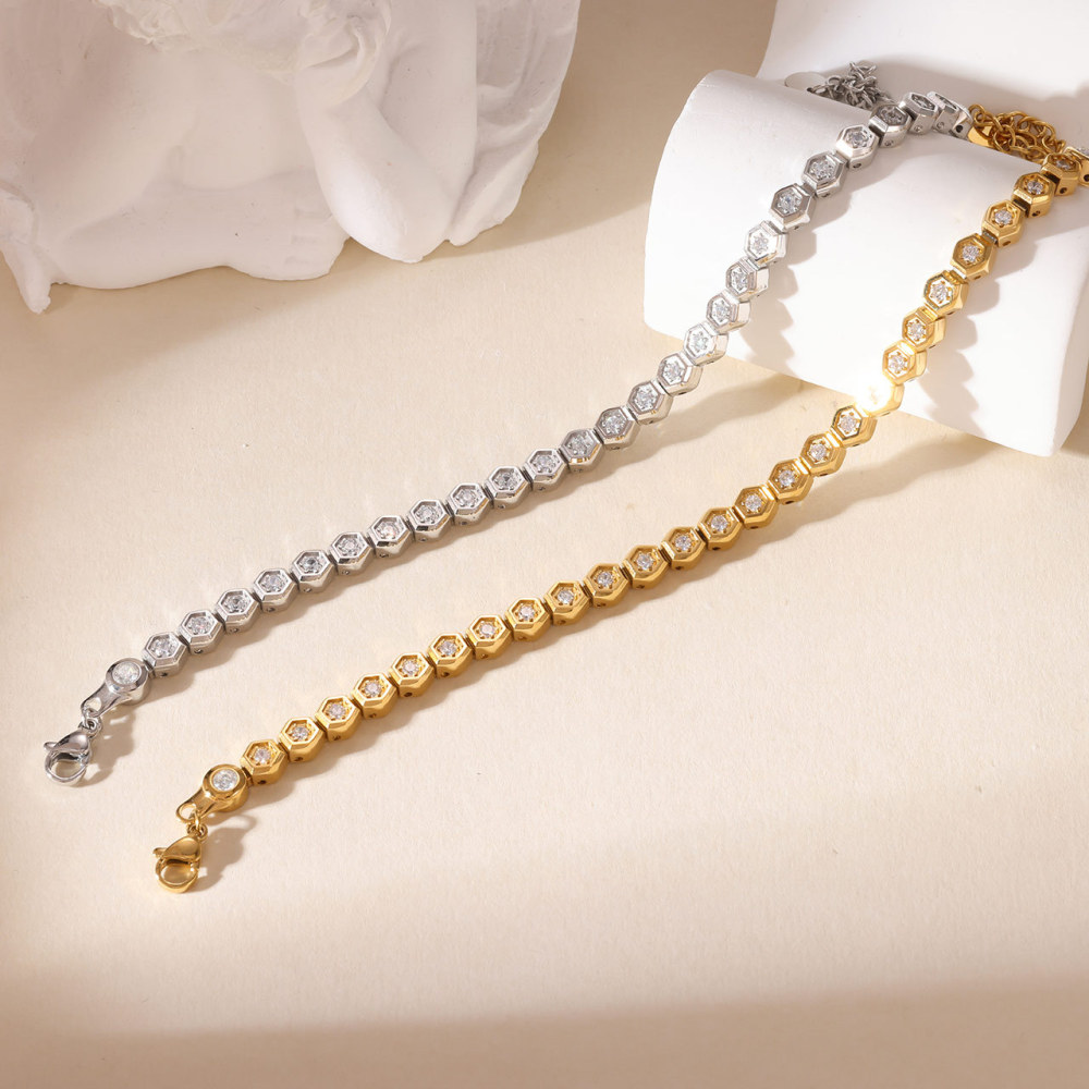 Hexagon Bezel Round CZ Tennis Bracelet in PVD Stainless Steel 14K Gold