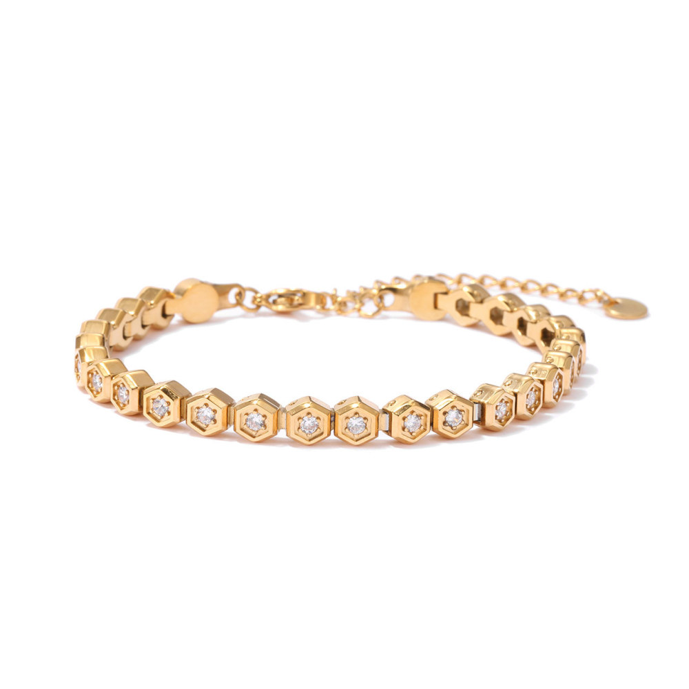 Hexagon Bezel Round CZ Tennis Bracelet in PVD Stainless Steel 14K Gold