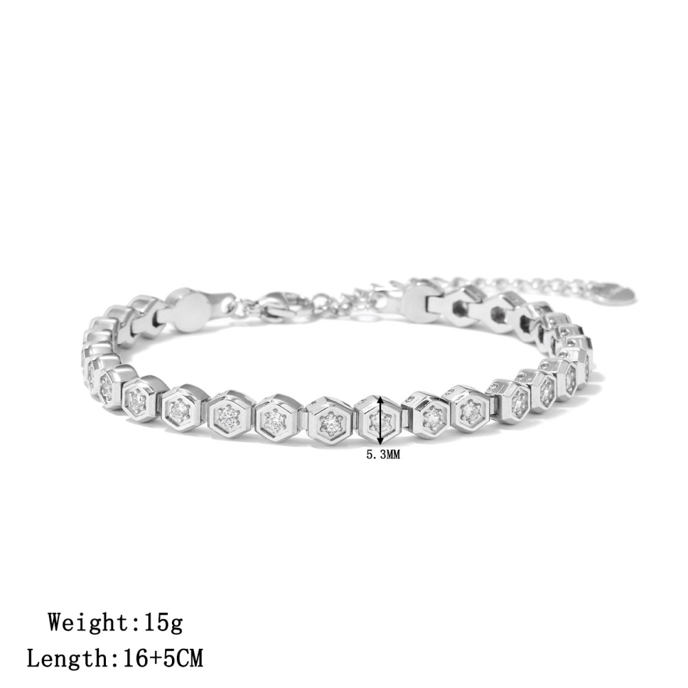 Hexagon Bezel Round CZ Tennis Bracelet in PVD Stainless Steel 14K Gold