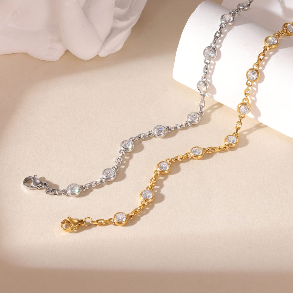 Bezel-Set Round CZ Station Bracelet in PVD Stainless Steel 14K Gold