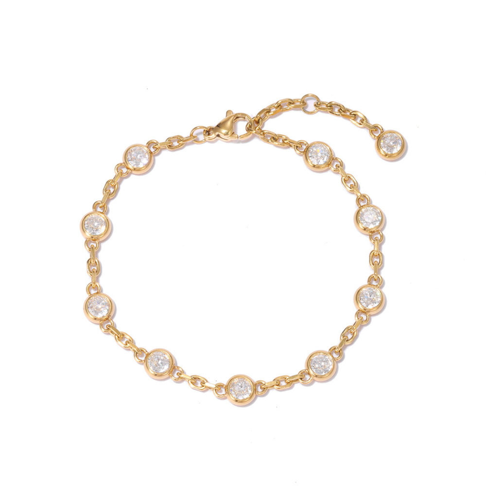 Bezel-Set Round CZ Station Bracelet in PVD Stainless Steel 14K Gold