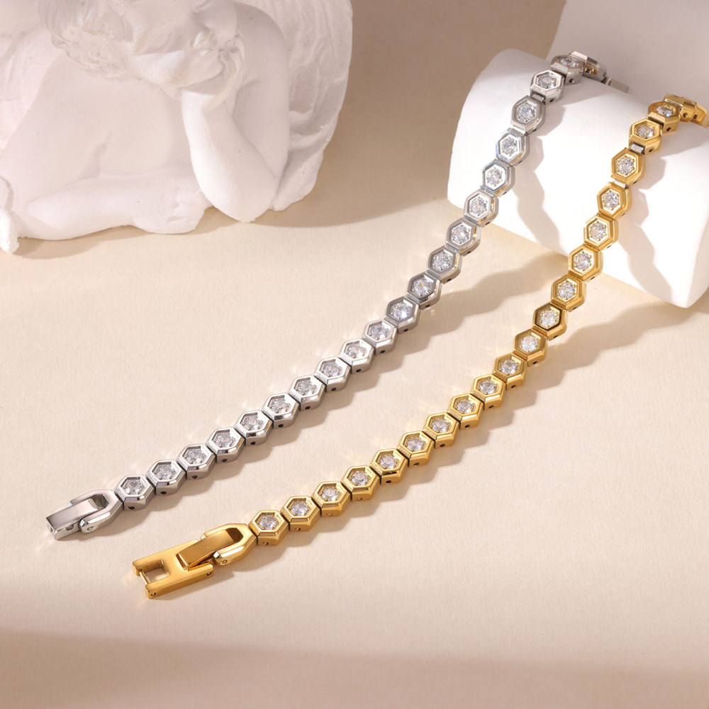 Wide Hexagon Bezel CZ Bracelet with Tab Clasp in PVD Stainless Steel 14K Gold
