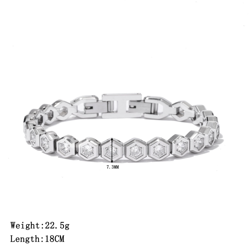 Wide Hexagon Bezel CZ Bracelet with Tab Clasp in PVD Stainless Steel 14K Gold