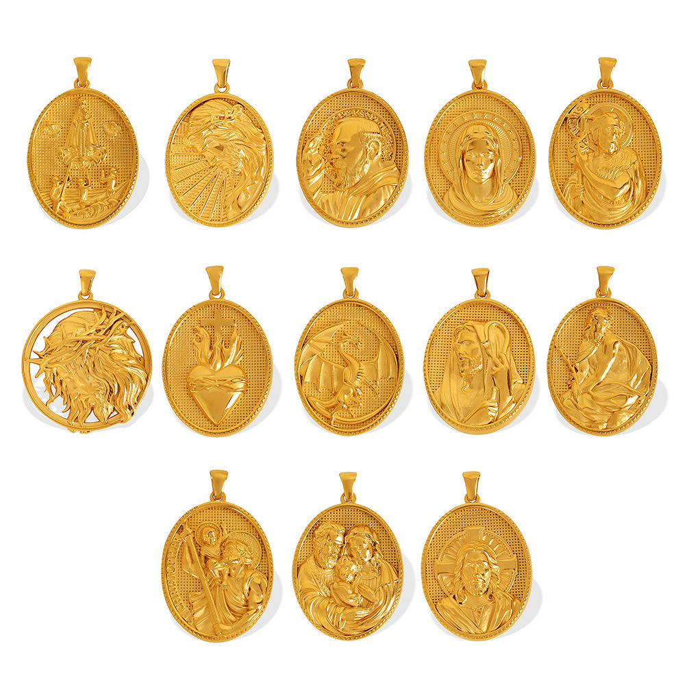 Religious Medal Pendant in 18K Gold Plated Stainless Steel with Embossed Relief