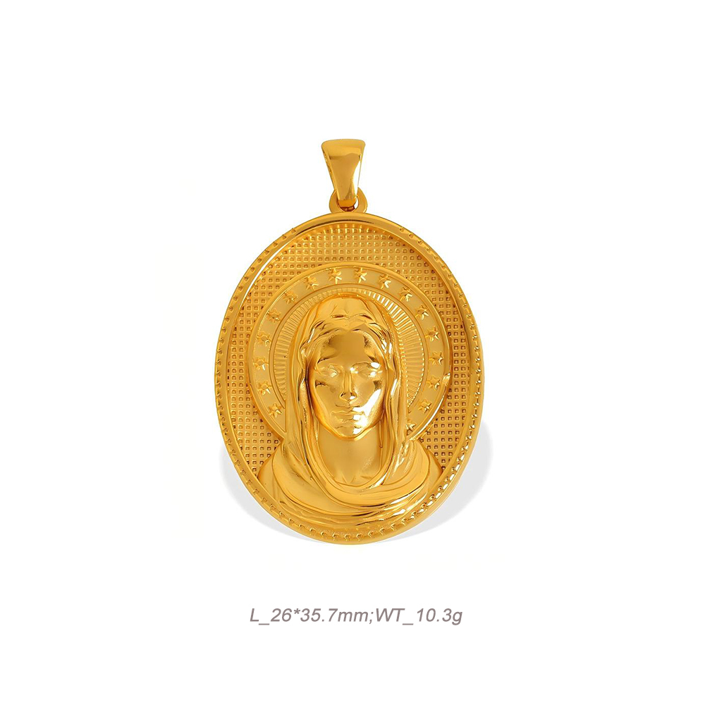 Religious Medal Pendant in 18K Gold Plated Stainless Steel with Embossed Relief
