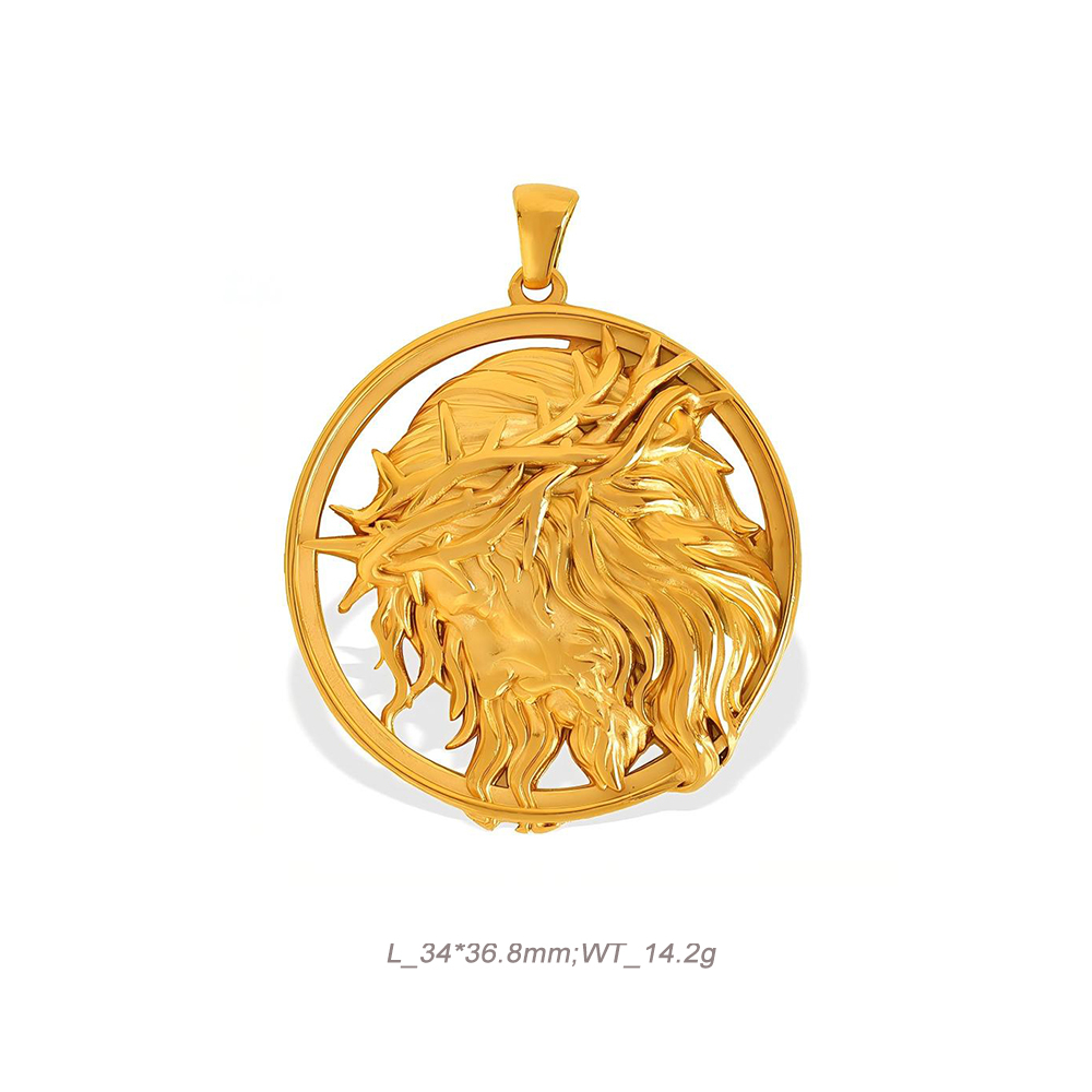 Religious Medal Pendant in 18K Gold Plated Stainless Steel with Embossed Relief
