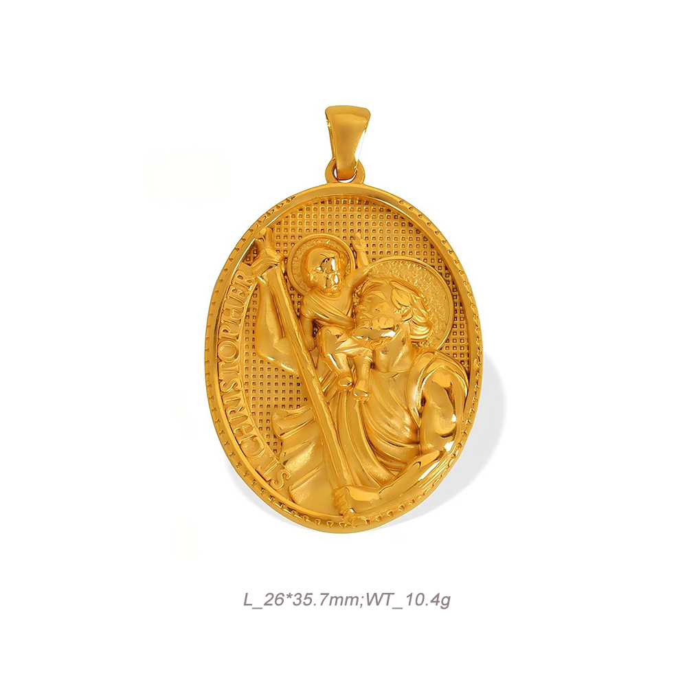 Religious Medal Pendant in 18K Gold Plated Stainless Steel with Embossed Relief