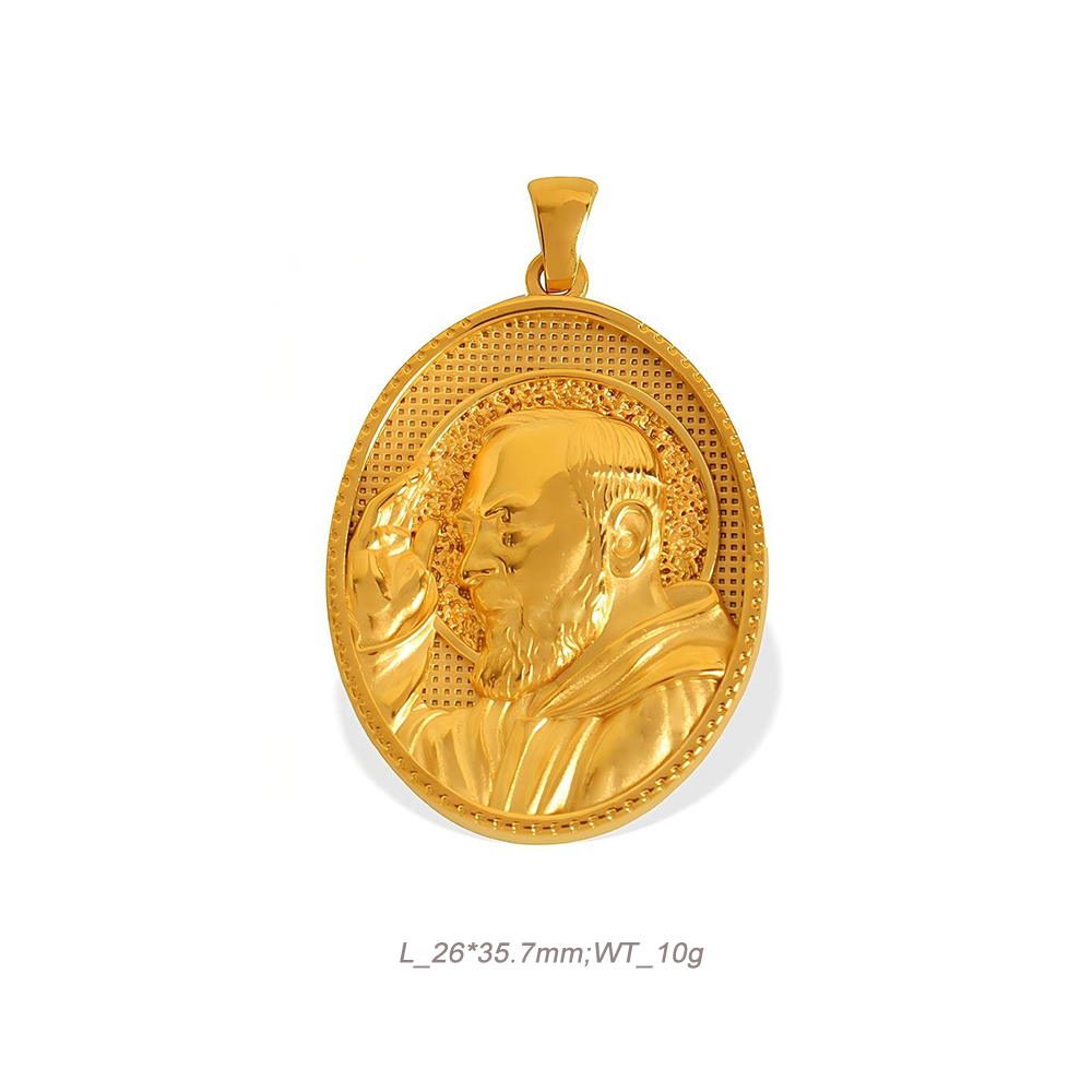 Religious Medal Pendant in 18K Gold Plated Stainless Steel with Embossed Relief