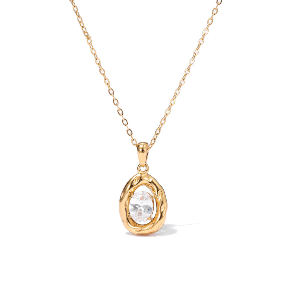 Organic Bezel Oval CZ Necklace in PVD Stainless Steel 14K Gold
