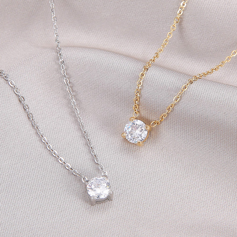 Round CZ Solitaire Necklace in PVD Stainless Steel with 14K Gold