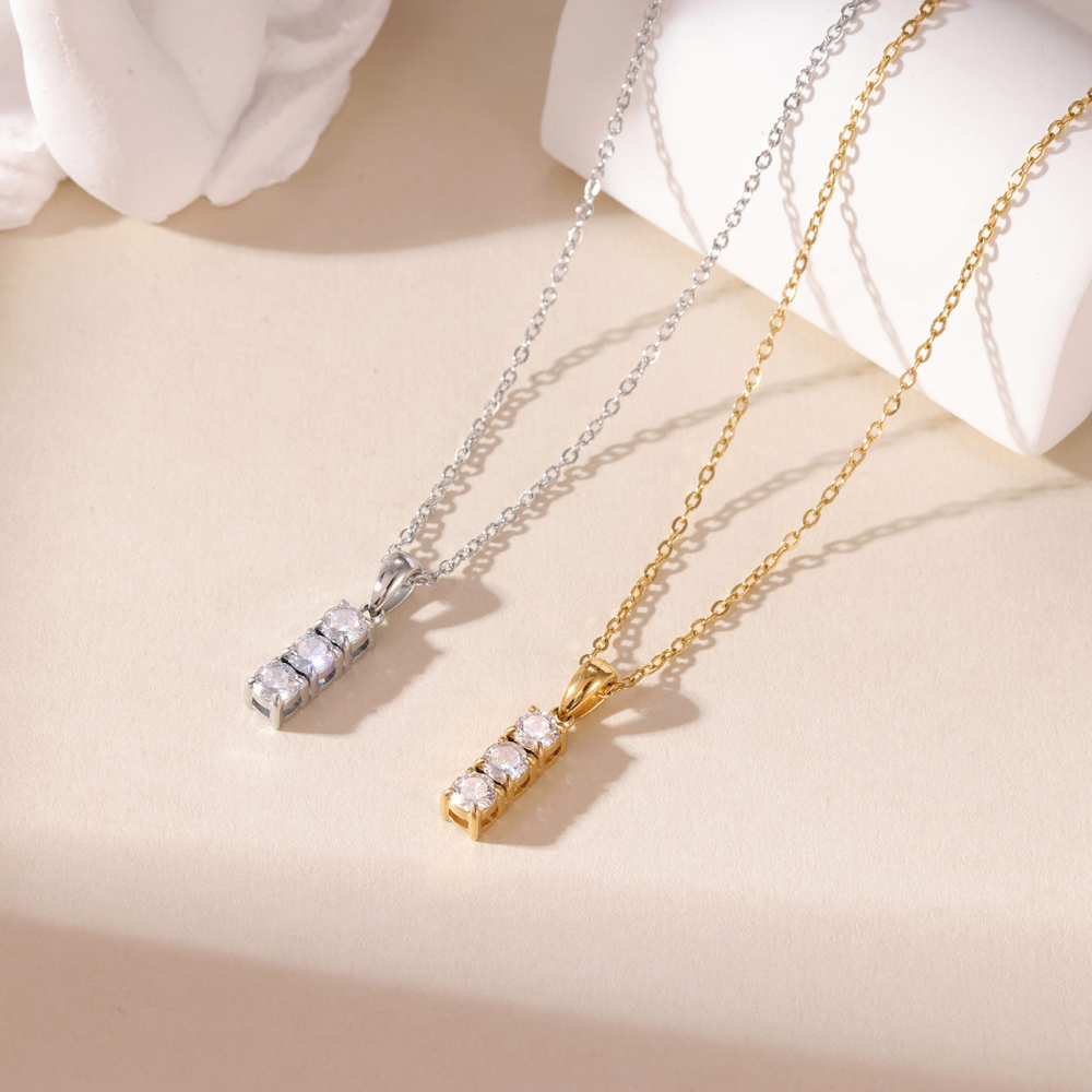 Three-Stone Vertical CZ Necklace in PVD Stainless Steel 14K Gold