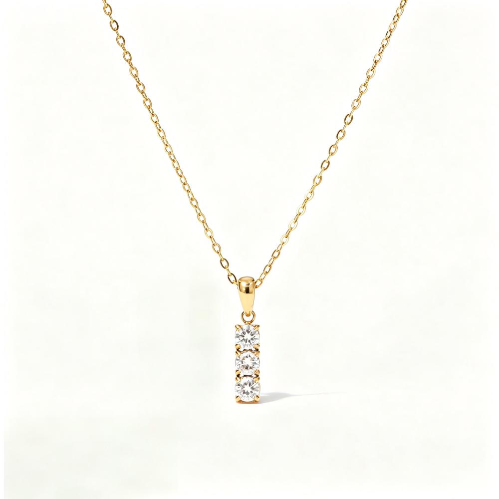 Three-Stone Vertical CZ Necklace in PVD Stainless Steel 14K Gold
