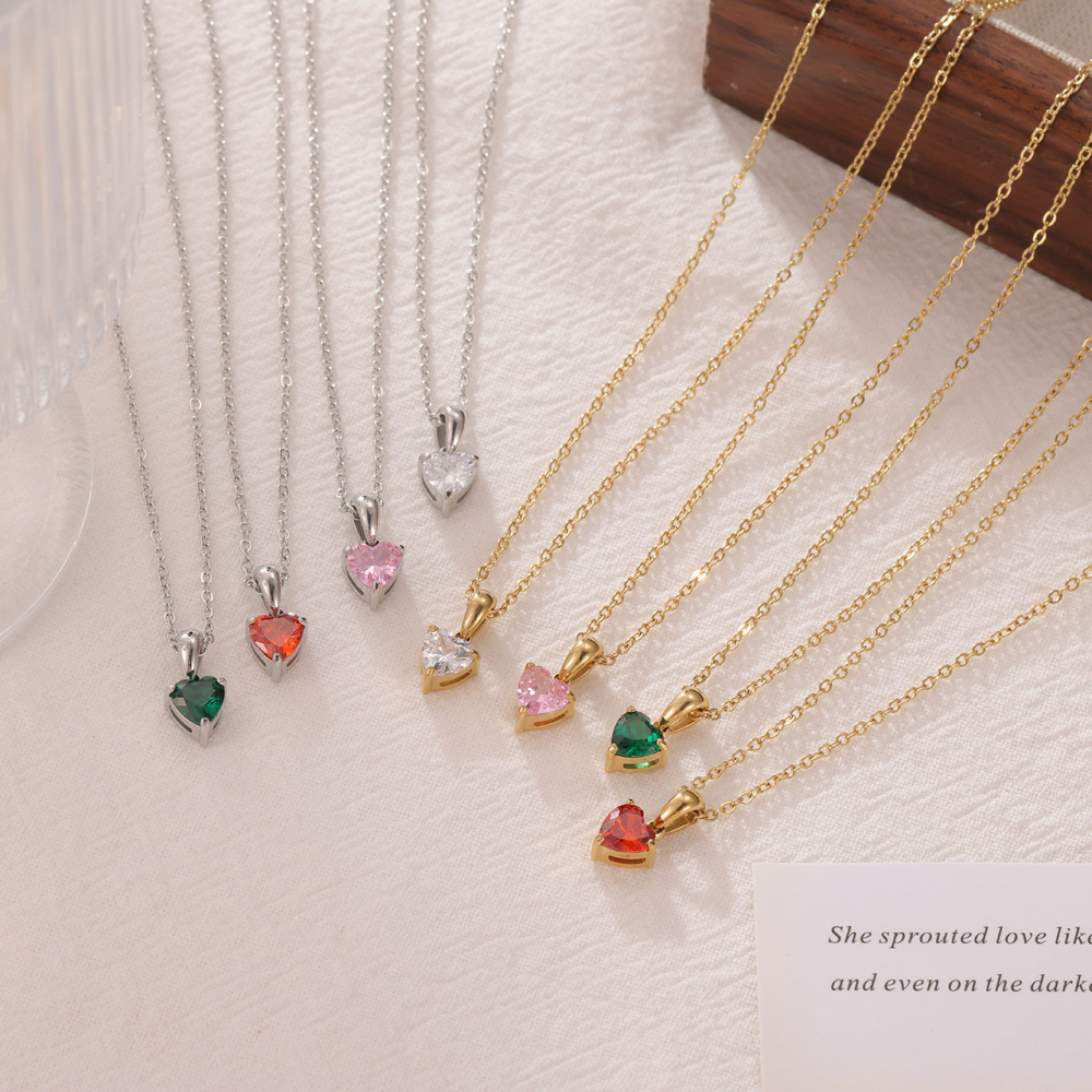 Heart Cut CZ Pendant Necklace in PVD Stainless Steel 14K Gold