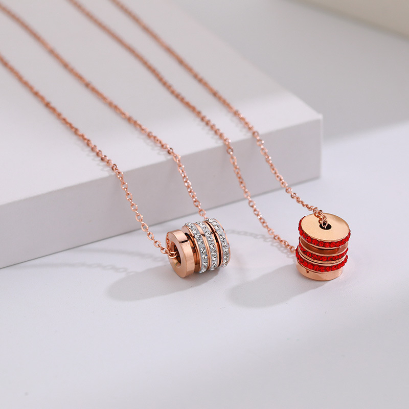 Triple Row CZ Tube Pendant Necklace in Rose 14K Gold PVD Stainless Steel