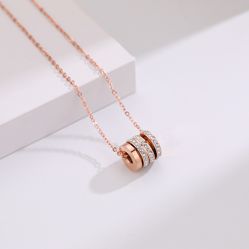 Triple Row CZ Tube Pendant Necklace in Rose 14K Gold PVD Stainless Steel