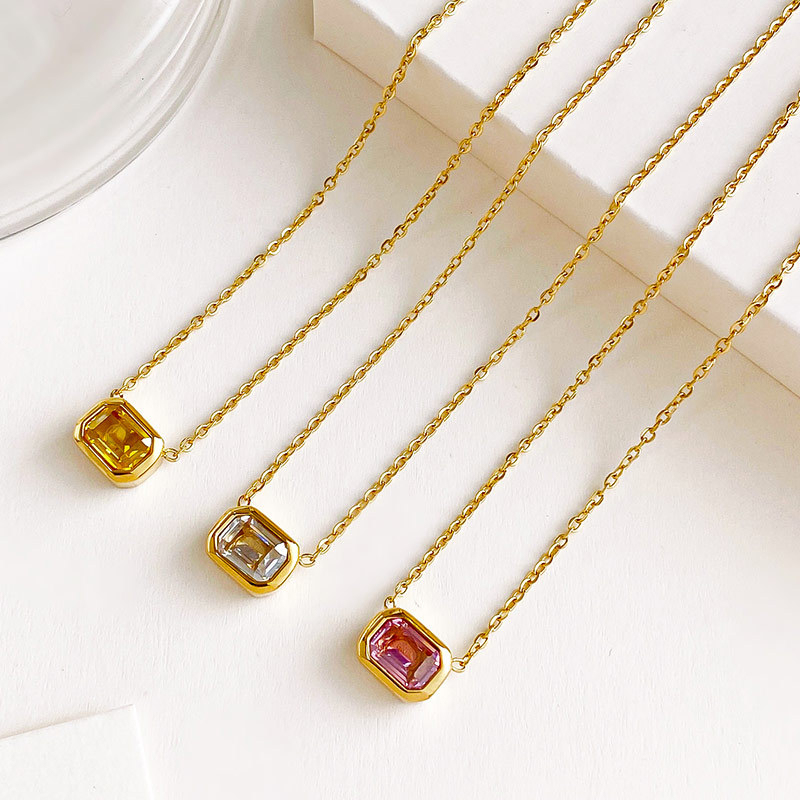 Bezel Set Emerald Cut CZ Necklace in PVD Stainless Steel 14K Gold