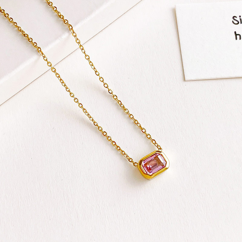 Bezel Set Emerald Cut CZ Necklace in PVD Stainless Steel 14K Gold