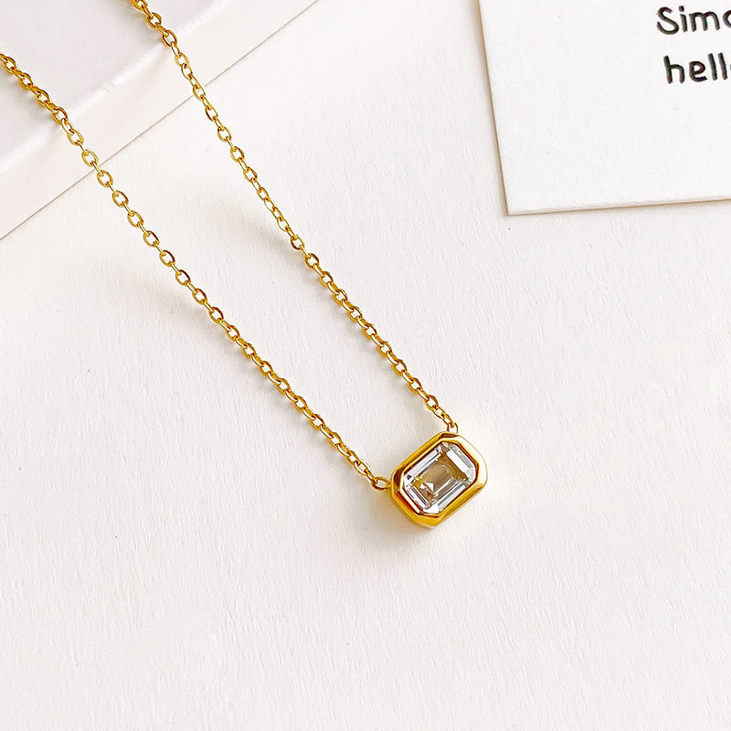 Bezel Set Emerald Cut CZ Necklace in PVD Stainless Steel 14K Gold