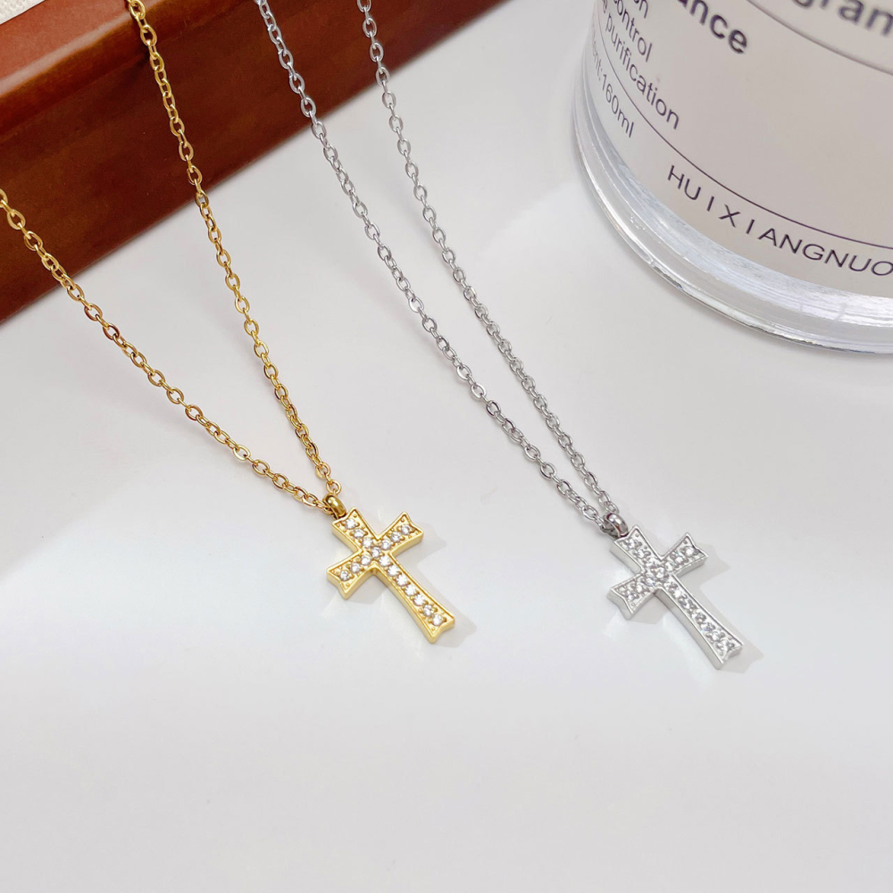 Pave CZ Cross Pendant Necklace in PVD Stainless Steel 14K Gold