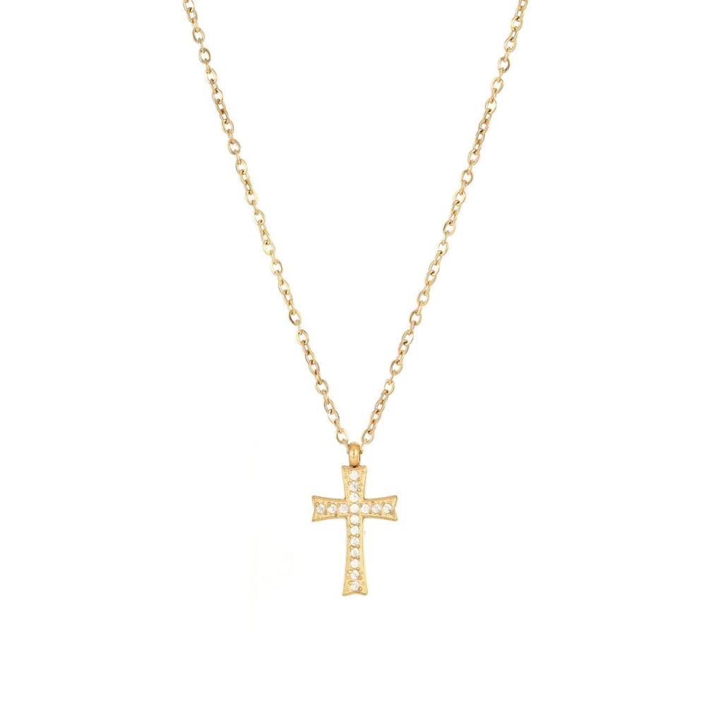 Pave CZ Cross Pendant Necklace in PVD Stainless Steel 14K Gold