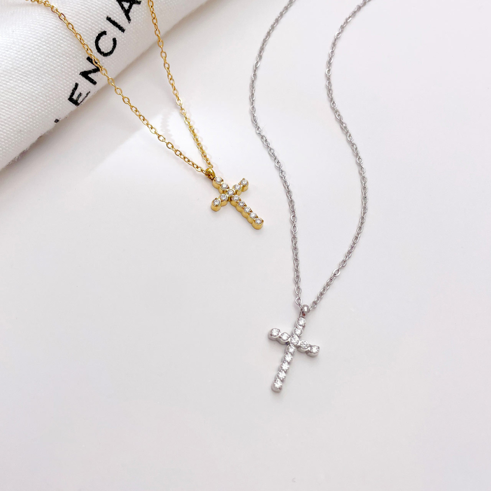 Prong Set CZ Cross Necklace in PVD Stainless Steel 14K Gold