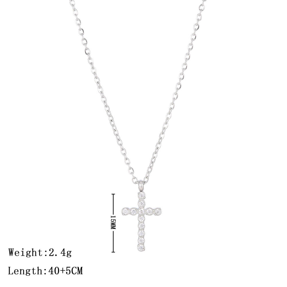 Prong Set CZ Cross Necklace in PVD Stainless Steel 14K Gold