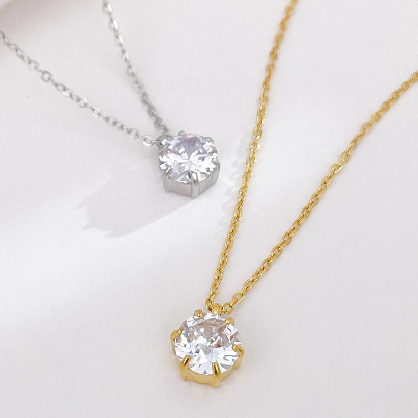 Four Prong Round CZ Necklace in PVD Stainless Steel 14K Gold