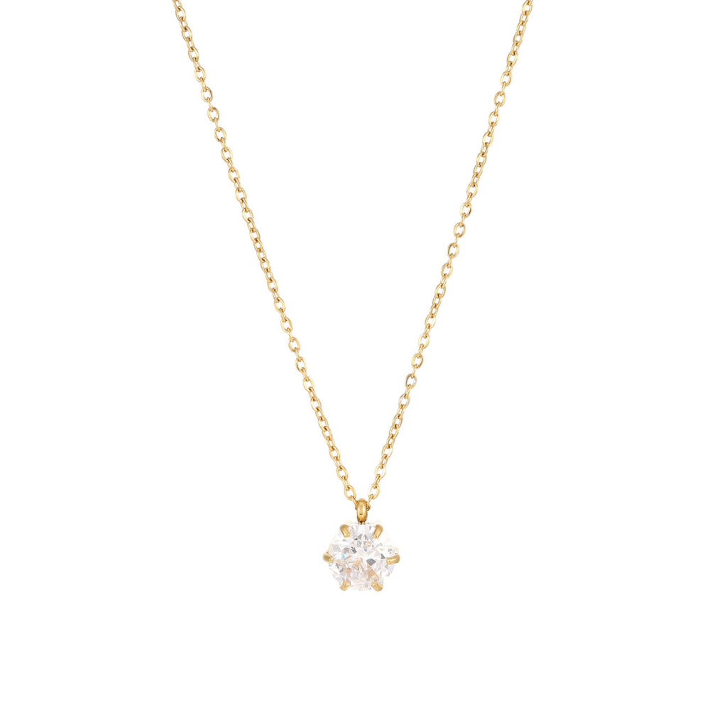 Four Prong Round CZ Necklace in PVD Stainless Steel 14K Gold