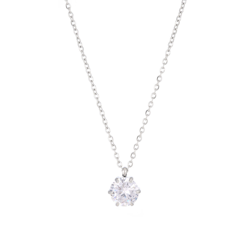Four Prong Round CZ Necklace in PVD Stainless Steel 14K Gold